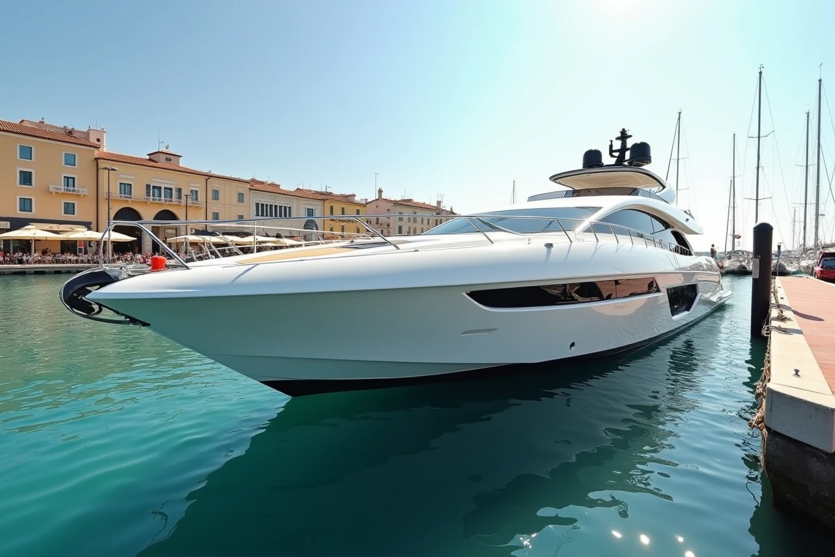 Le Lamborghini 63 superyacht blanc amarré dans un port méditerranéen luxueux, vue grand angle depuis le quai