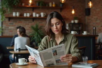 Femme lisant un magazine authentique dans un café chaleureux avec murs en briques apparentes