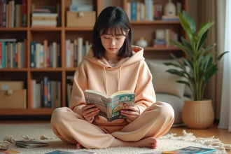 Jeune femme lisant un manga assis sur le sol d'une chambre entourée de volumes colorés sur une étagère