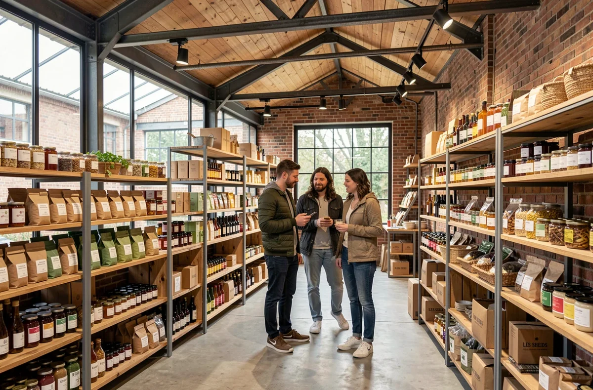 Intérieur du concept store Les Sheds à Kingersheim avec architecture industrielle et produits artisanaux bio locaux