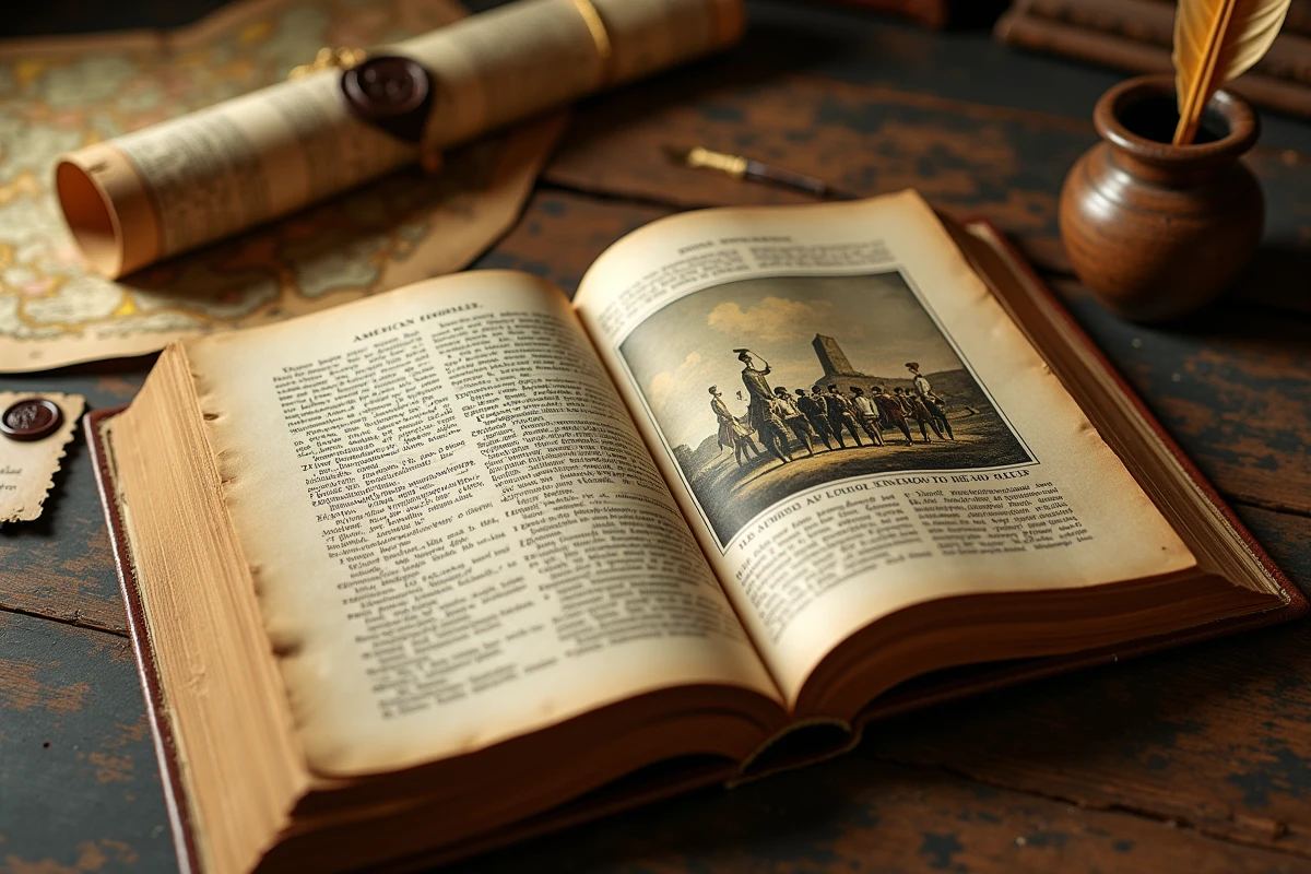 Livre ancien ouvert sur une reproduction sépia du tableau American Progress de John Gast, posé sur un bureau en chêne entouré de cartes et documents historiques