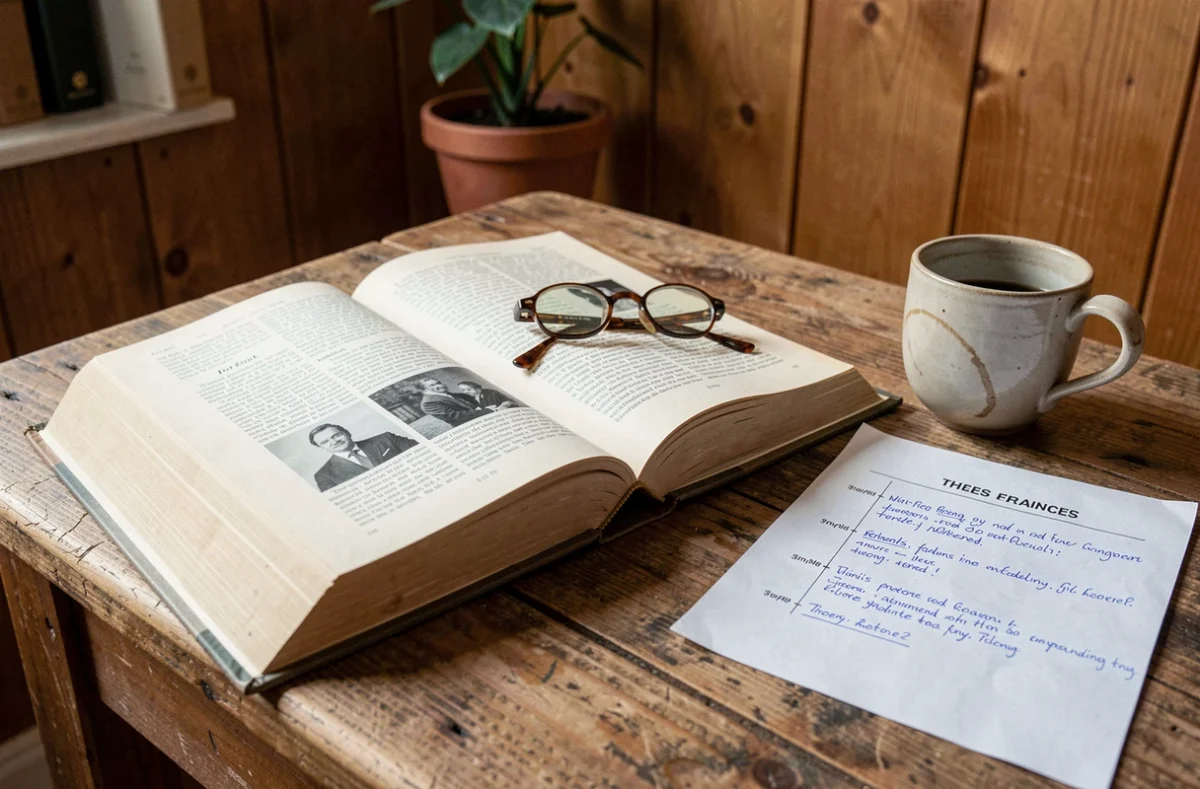 Livre biographique ouvert avec chronologie annotée et photographies d'archives posé sur une table en bois rustique