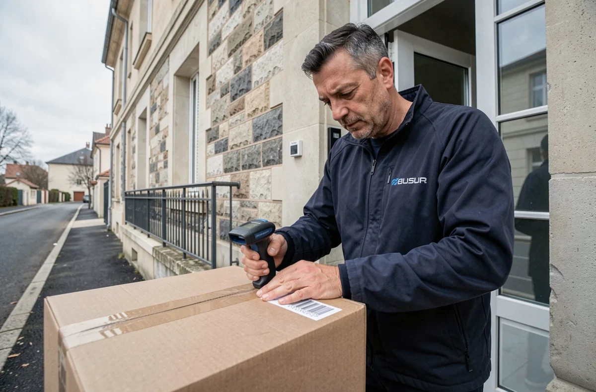 Livreur DPD scannant un colis devant une résidence en France