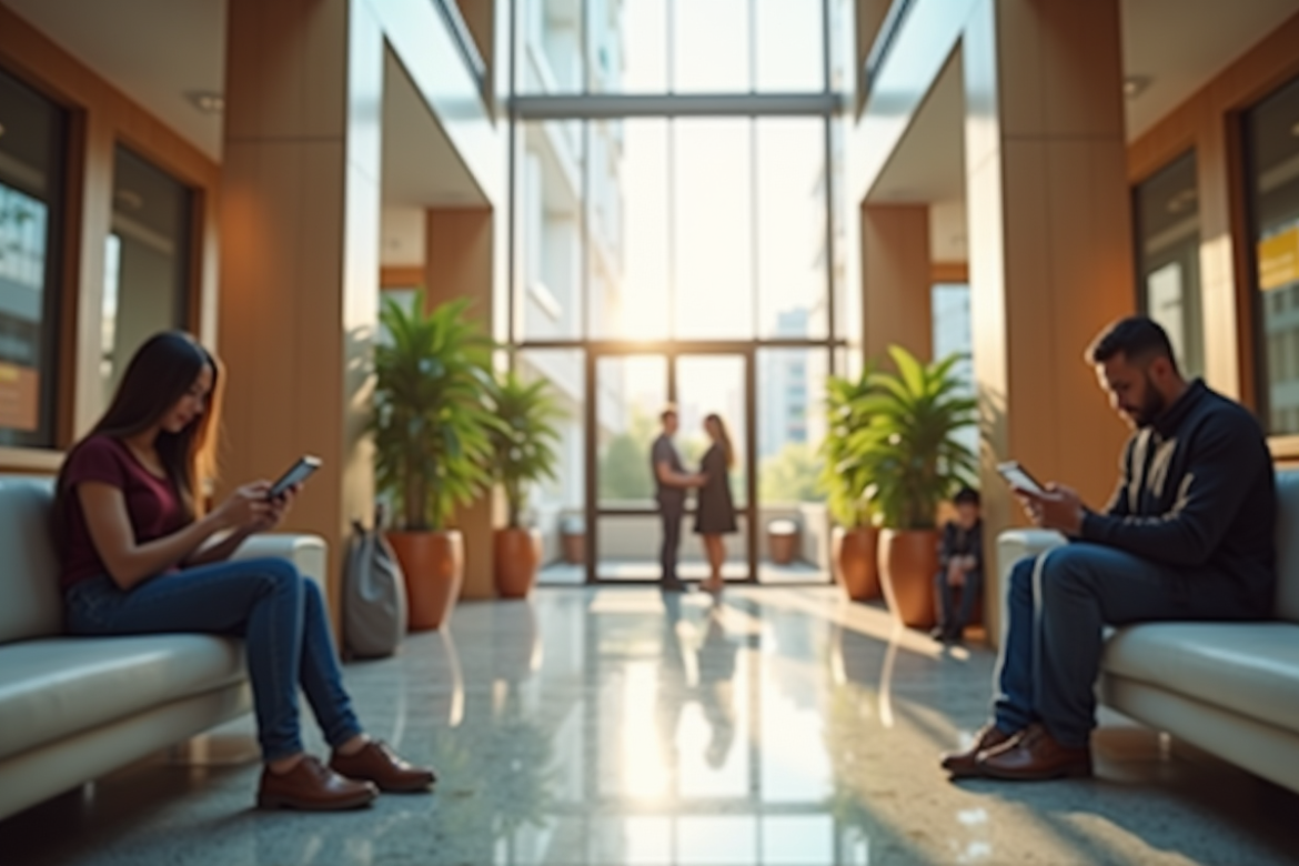 Hall d appartement moderne lumineux avec personnes utilisant smartphones