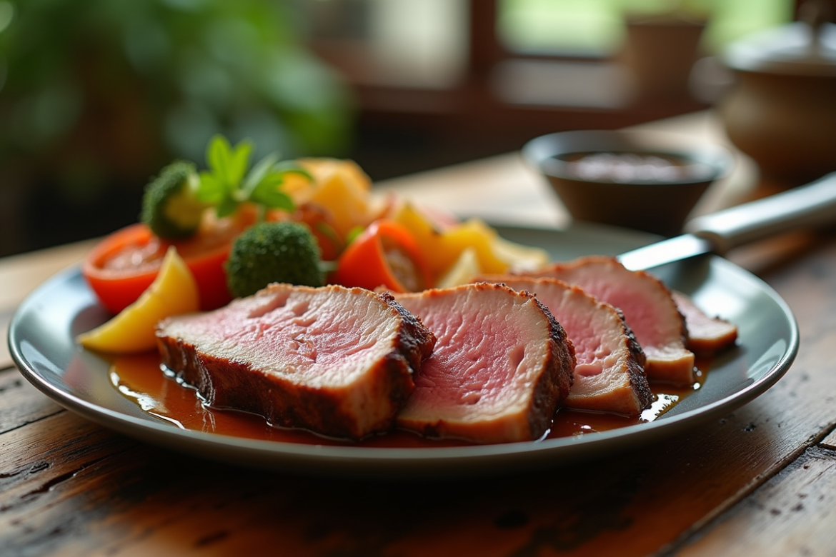 Magret de canard tranché avec légumes colorés