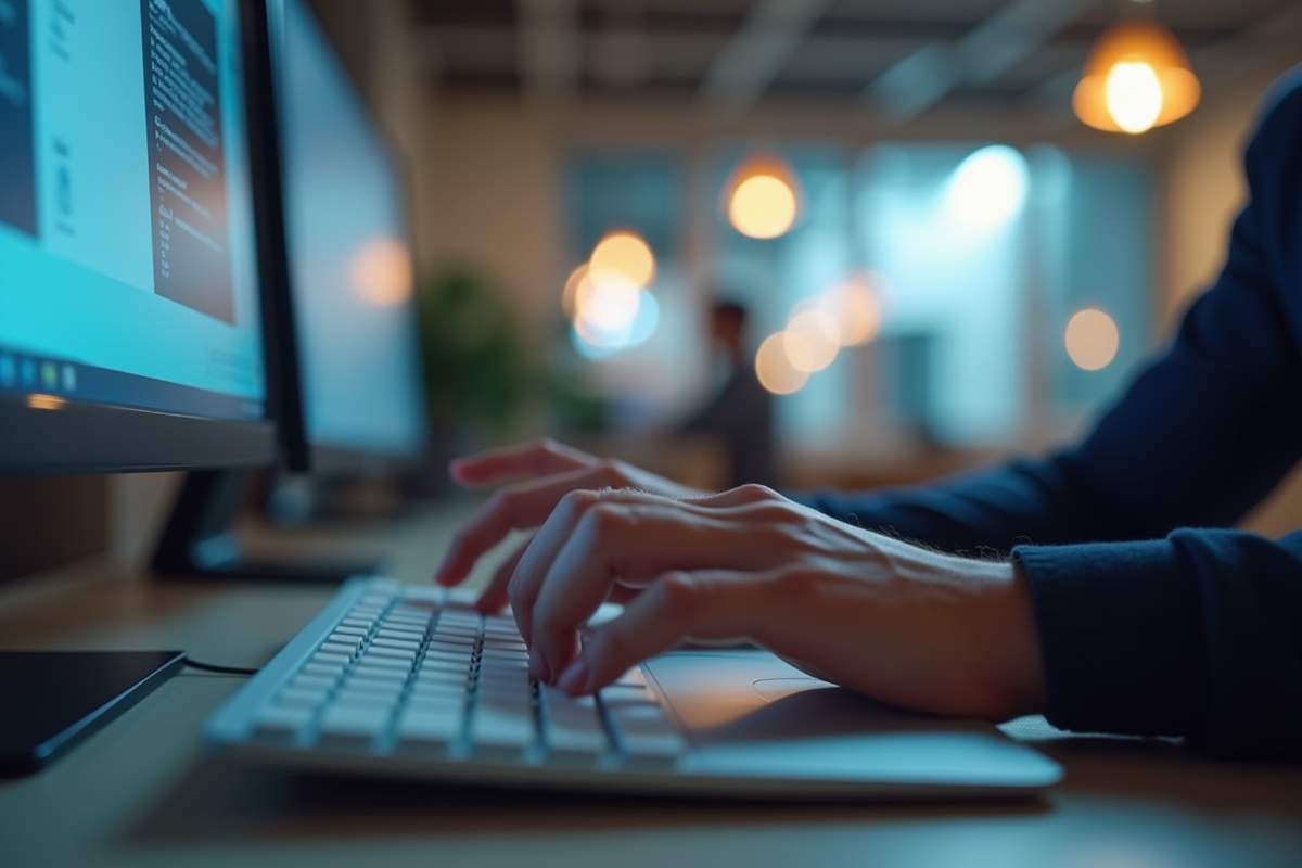 Mains tapant sur un clavier dans un espace de coworking à Angers avec notification email