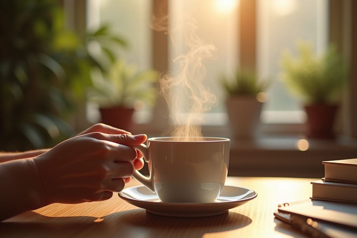 Mains tenant une tasse de thé chaude au matin