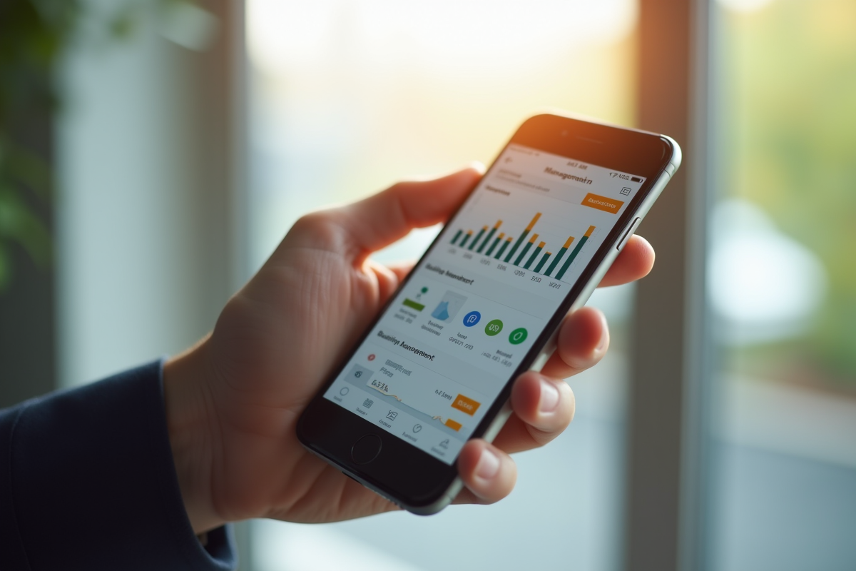 Main tenant un smartphone affichant une application de gestion immobiliere