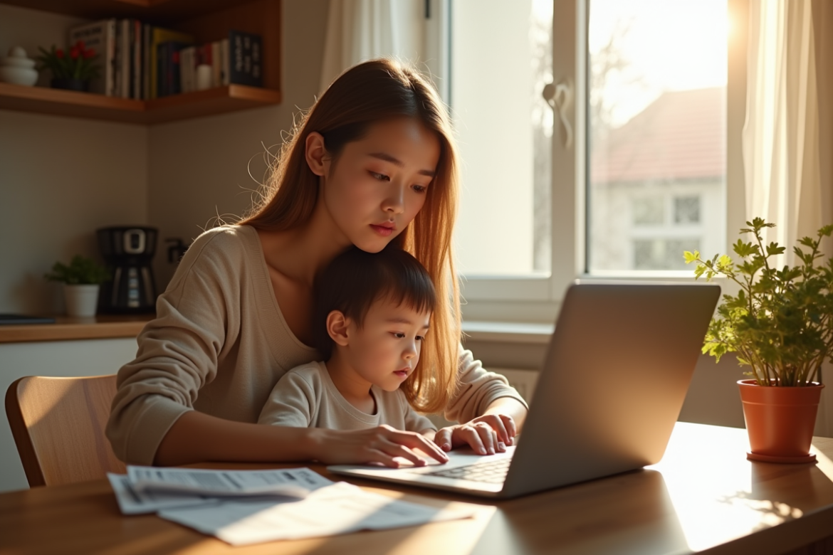 Jeune maman seule avec son enfant dans la cuisine chaleureuse