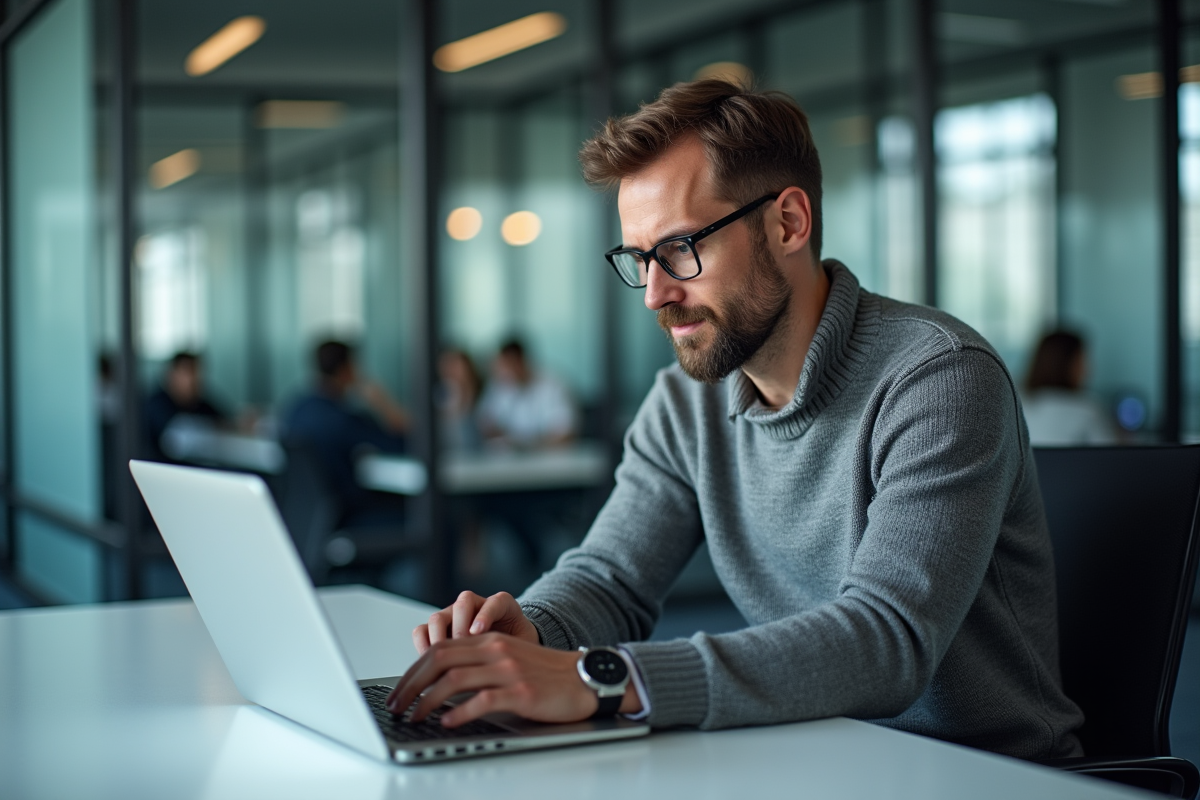 Manager analysant des données dans un bureau vitré