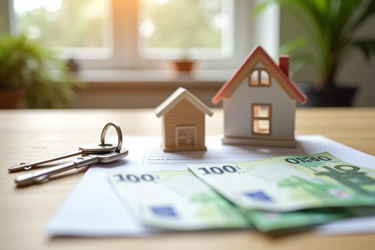 Modèles de maisons avec billets et clés sur bureau