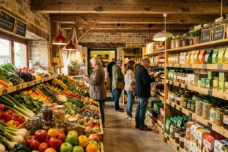 Intérieur d'un magasin bio du Grand Est avec rayons de produits naturels et légumes frais