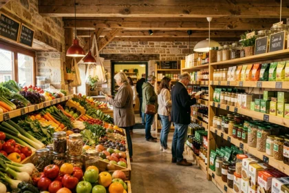Intérieur d'un magasin bio du Grand Est avec rayons de produits naturels et légumes frais