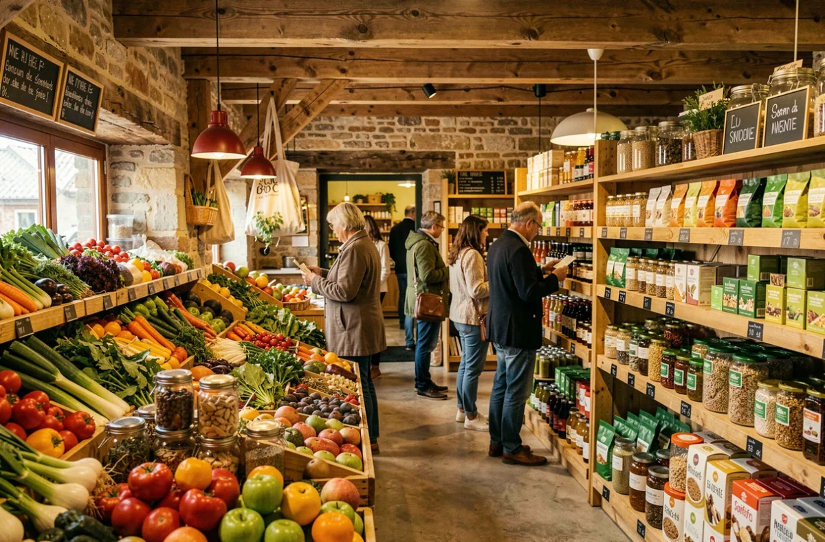 Intérieur d'un magasin bio du Grand Est avec rayons de produits naturels et légumes frais