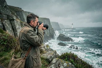 Photographe professionnel posant sur les côtes sauvages des Côtes-d'Armor avec son appareil photo, falaises de granit et phare en arrière-plan
