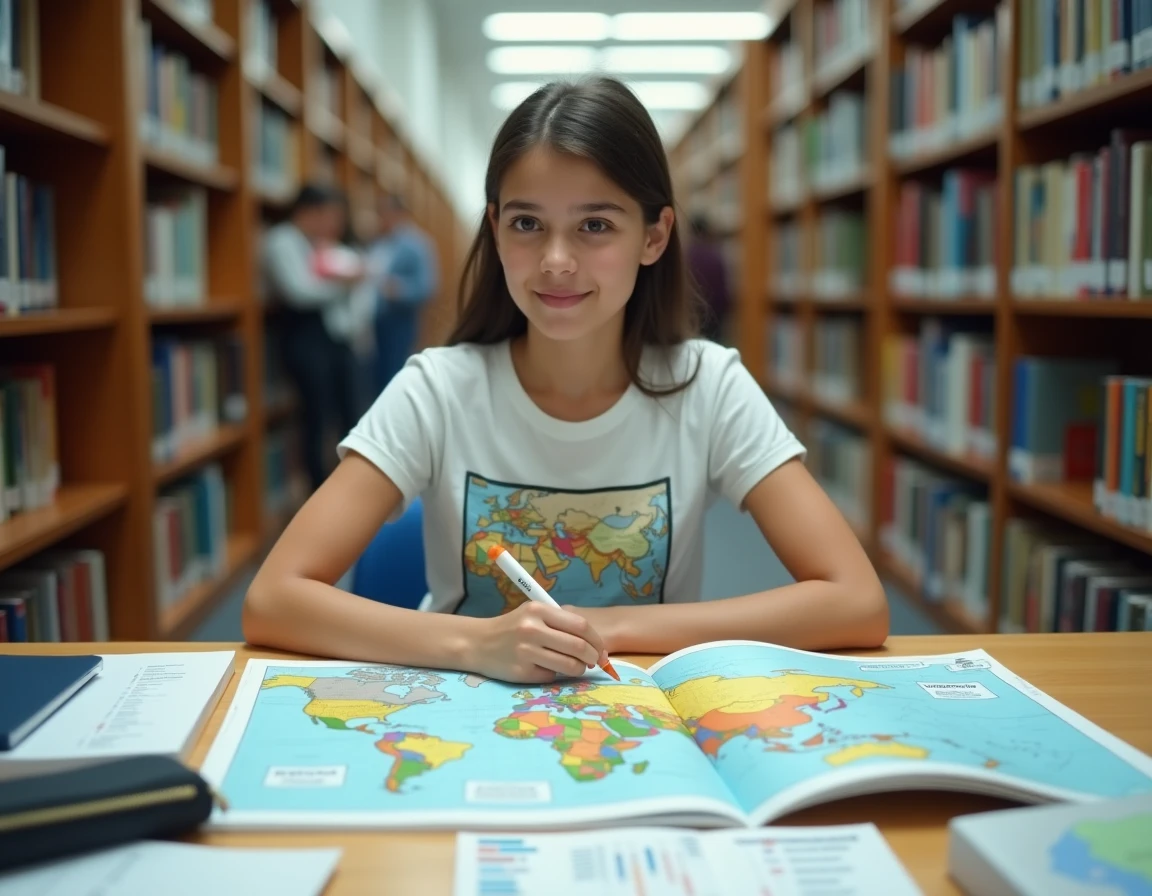 Adolescente qui surligne une carte politique de l'Asie dans une bibliothèque avec des fiches et manuels de géographie