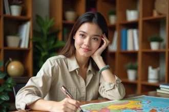 Jeune femme étudiant une carte de l'Asie à son bureau avec des notes manuscrites pour mémoriser les pays du continent