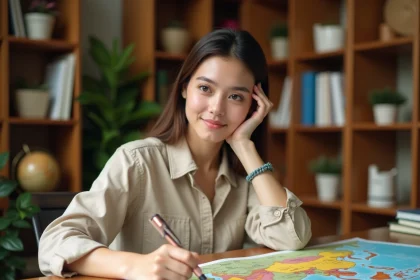 Jeune femme étudiant une carte de l'Asie à son bureau avec des notes manuscrites pour mémoriser les pays du continent