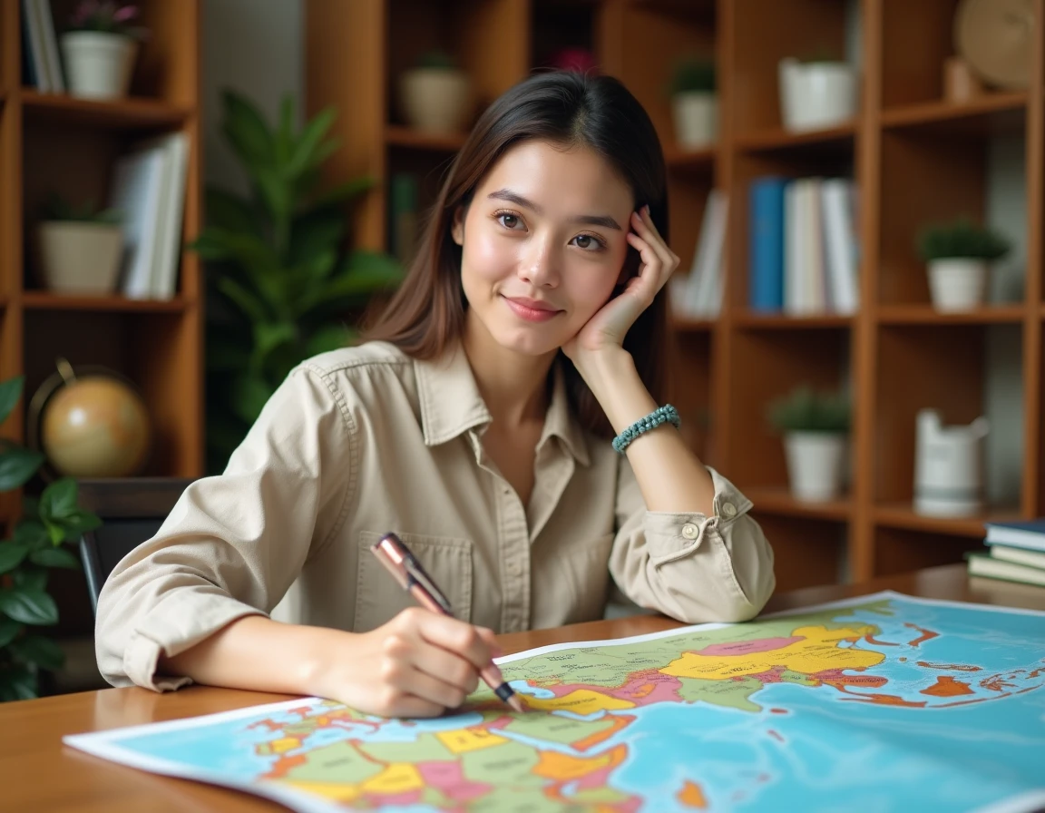 Jeune femme étudiant une carte de l'Asie à son bureau avec des notes manuscrites pour mémoriser les pays du continent