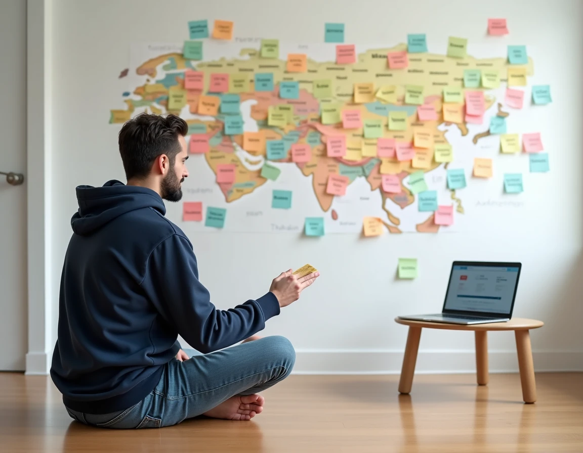 Homme organisant des post-it avec les noms des pays d'Asie sur un mur pour créer une carte mémorielle visuelle