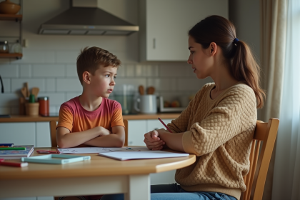 Mère frustrée avec son enfant dans la cuisine familiale