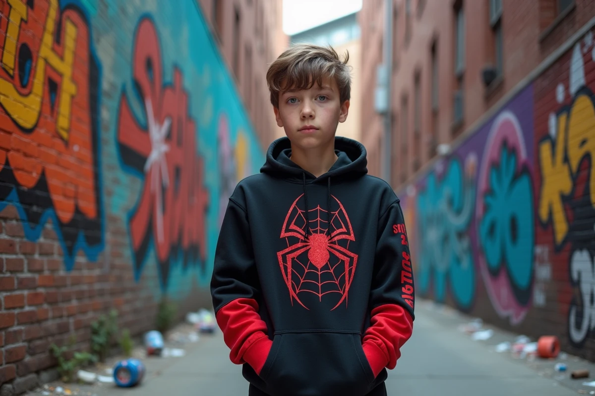 Jeune adolescent en hoodie Spider-Man Miles Morales devant une fresque murale de Brooklyn, ambiance urban street art