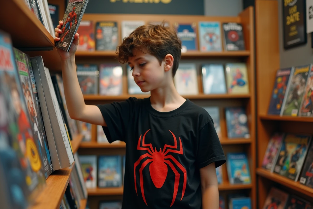 Adolescent feuilletant des comics Spider-Man dans une librairie de bandes dessinées, univers Spider-Verse et Miles Morales