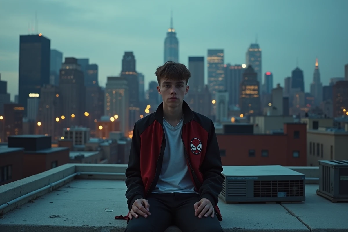 Jeune homme en veste Spider-Verse assis sur un toit surplombant la skyline de New York, inspiration Miles Morales