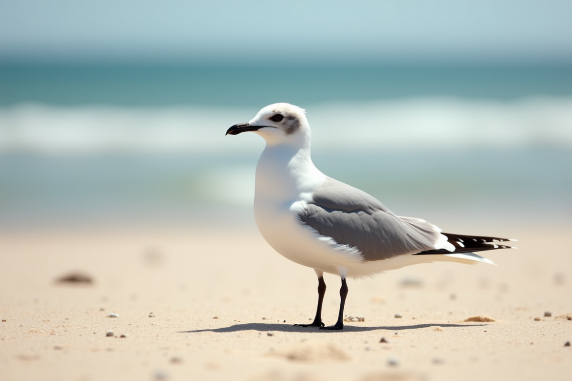 Mouette rieuse sur la plage ensoleillee en photo RAW