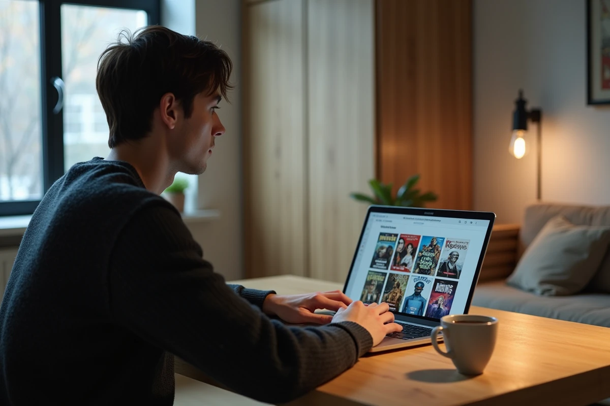 Jeune homme naviguant sur un site de lecture de manga en ligne sur son ordinateur portable dans un appartement moderne