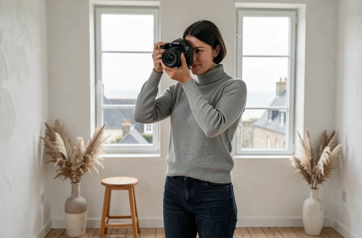 Nina Pontida, photographe, en train de cadrer une photo dans son studio lumineux avec vue sur les toits d'une ville bretonne