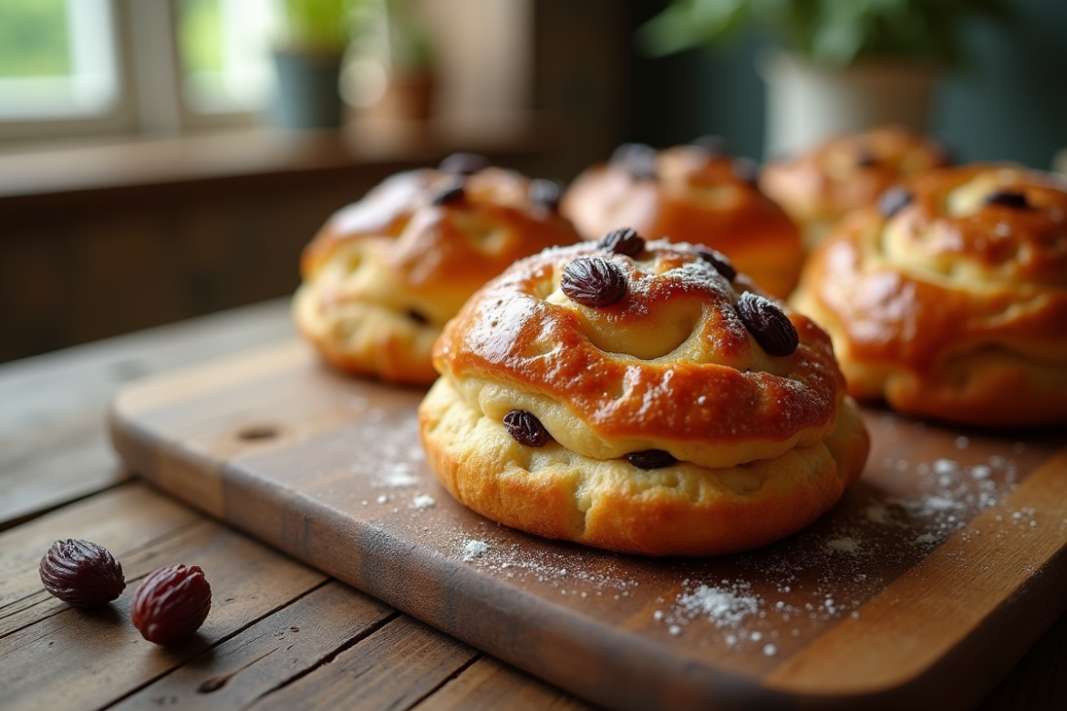 Pain aux raisins chaud sur une table en bois rustique