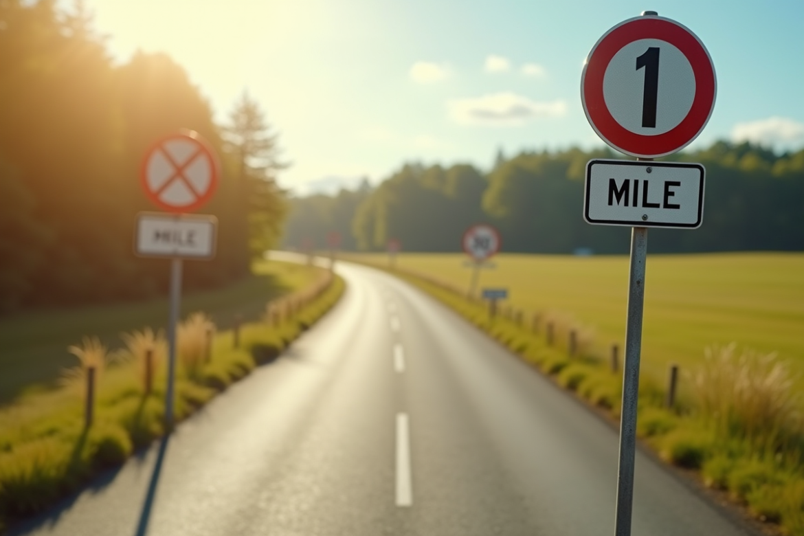 Panneaux routiers indiquant miles et kilomètres en plein soleil