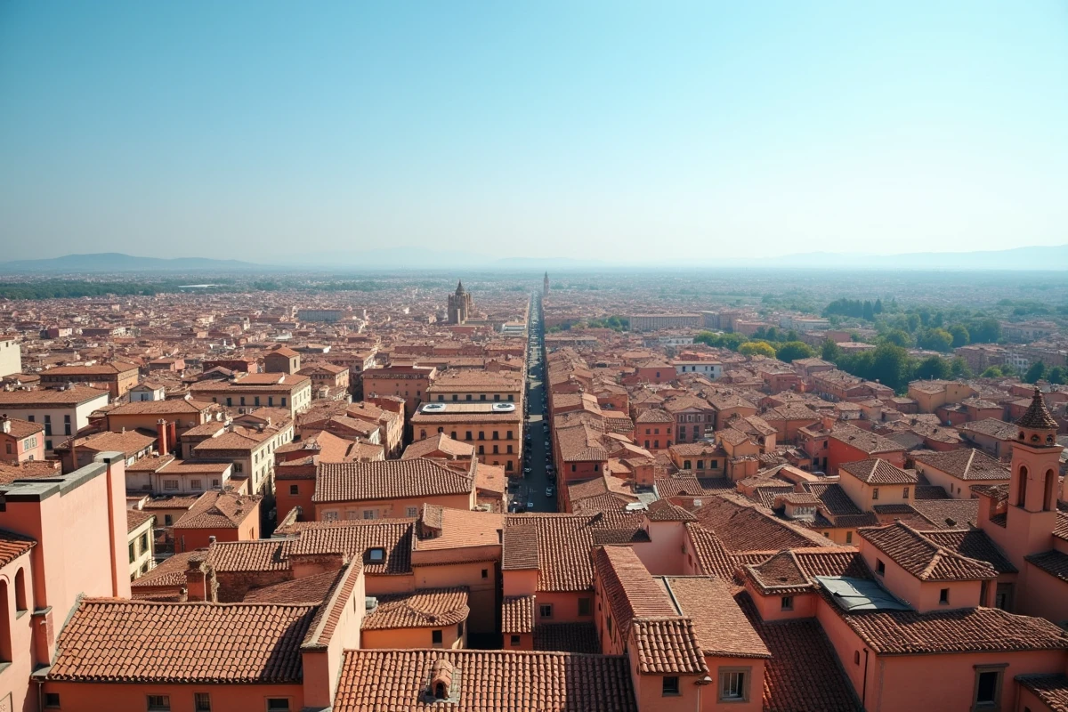 Vue panoramique depuis la basilique Saint-Sernin sur les toits roses de Toulouse et la plaine occitane avec les Pyrénées à l'horizon