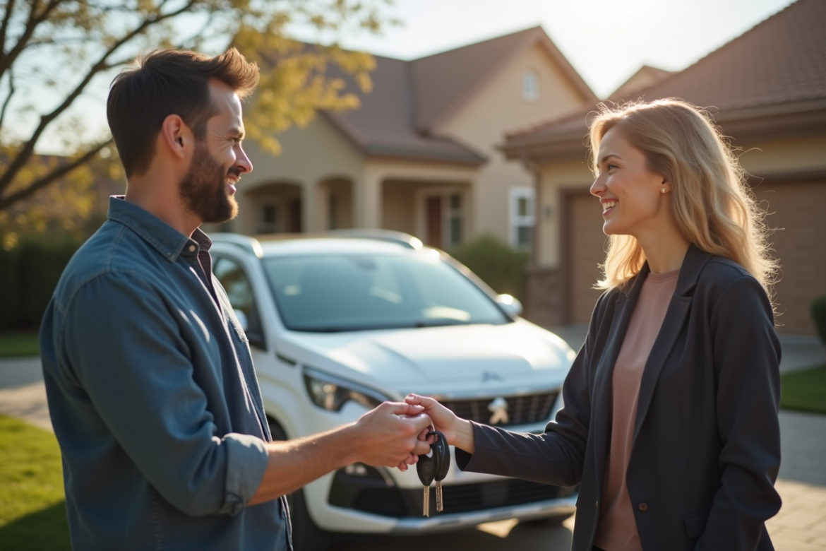Personne remettant les clés d'une Peugeot 3008 devant une voiture moderne