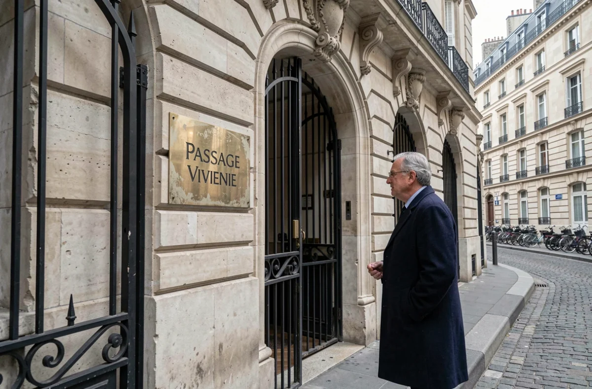 Entrée extérieure du passage Vivienne rue Vivienne à Paris, portail en fer forgé et façade haussmannienne en pierre, passant curieux