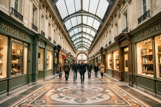 Vue en perspective du passage Vivienne à Paris avec sa verrière en fer forgé et son sol en mosaïque, visiteurs en promenade
