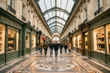 Vue en perspective du passage Vivienne à Paris avec sa verrière en fer forgé et son sol en mosaïque, visiteurs en promenade