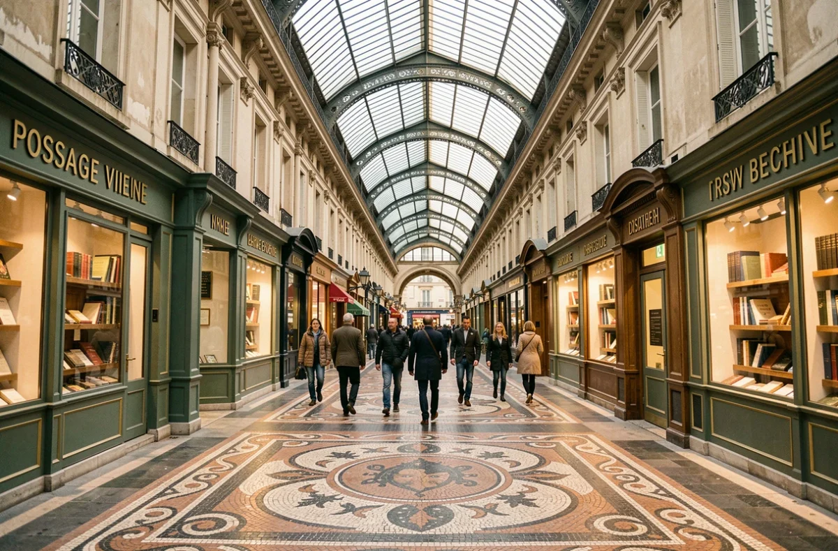 Vue en perspective du passage Vivienne à Paris avec sa verrière en fer forgé et son sol en mosaïque, visiteurs en promenade