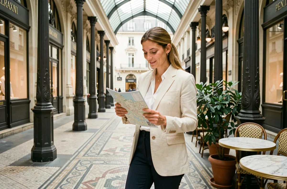 Femme consultant une carte du passage Vivienne à Paris, entre colonnes ornées et sol en mosaïque, atmosphère historique