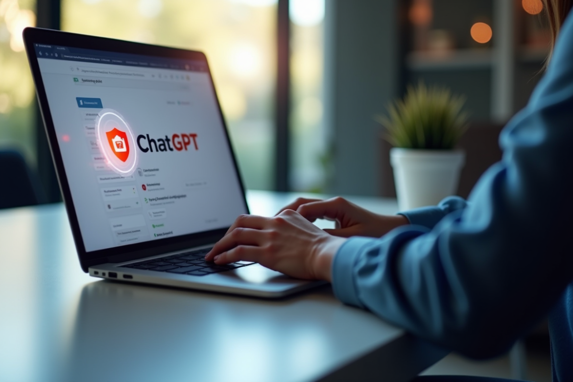 Personne travaillant sur un ordinateur avec logo ChatGPT et icône de sécurité