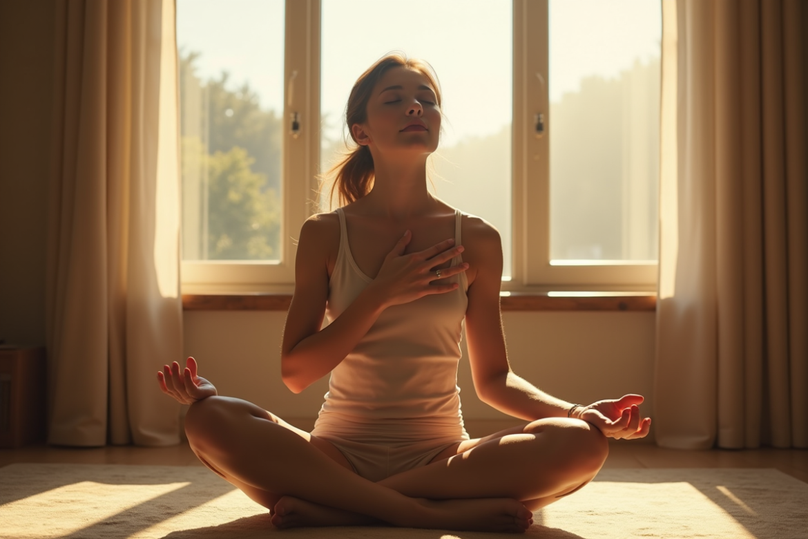Personne assise en méditation près d'une grande fenêtre lumineuse