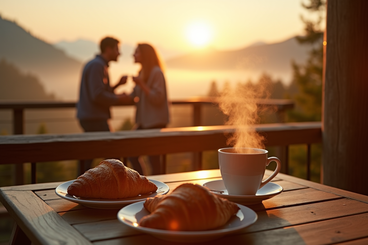 Petit déjeuner en amoureux sur un balcon avec vue sur les Vosges au matin