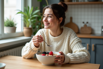 Femme souriante dégustant un bol de porridge dans une cuisine moderne