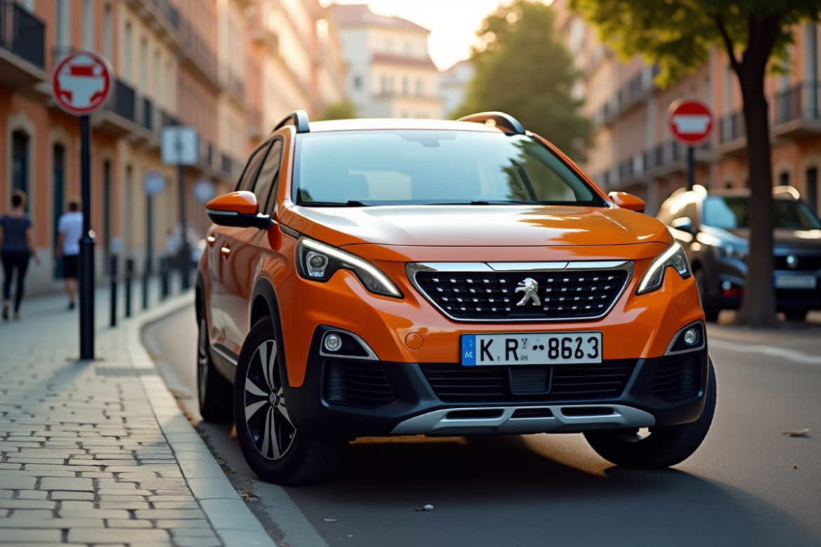 Voiture Peugeot 2008 d'occasion en ville en plein soleil