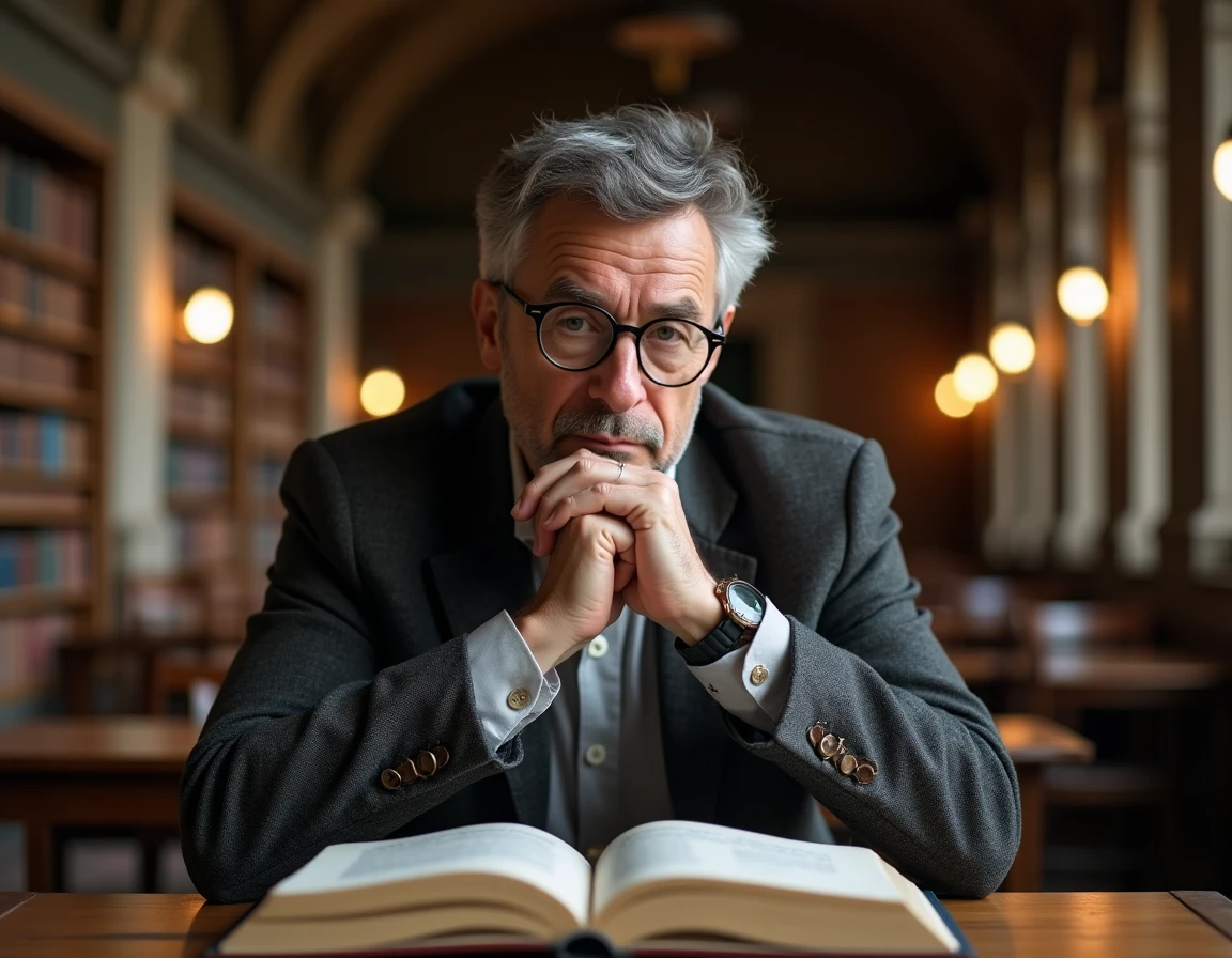 Philosophe homme mature aux lunettes rondes en bibliothèque universitaire méditant sur un livre ouvert, illustration de la réflexion philosophique contemporaine