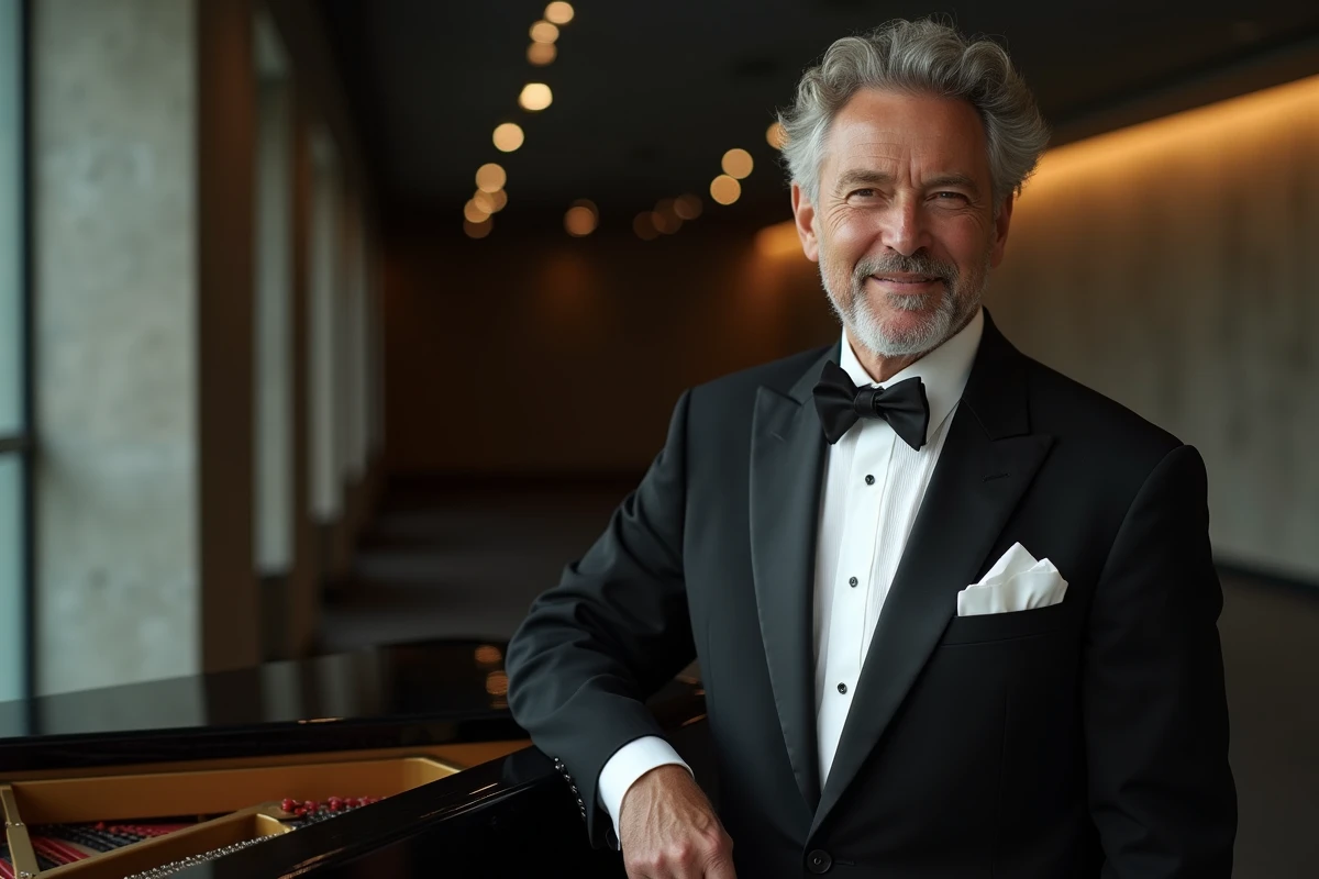 Pianiste classique français en smoking noir en coulisses d'une salle de concert moderne avant une représentation