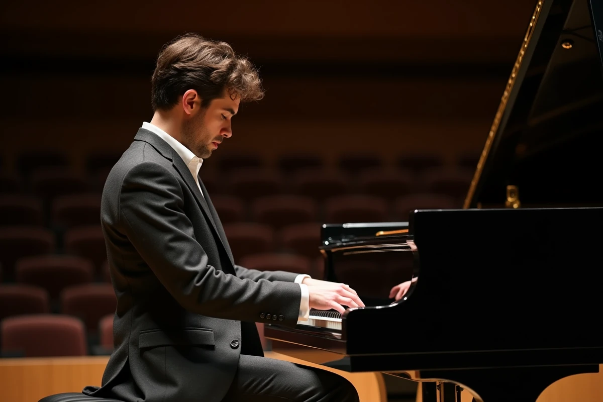 Pianiste français en concert sur scène jouant un piano Steinway grand format dans une salle de spectacle contemporaine
