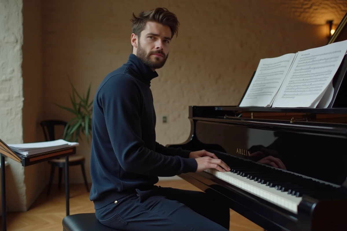 Jeune pianiste français en répétition dans un appartement parisien avec partition et piano droit ambiance intimiste
