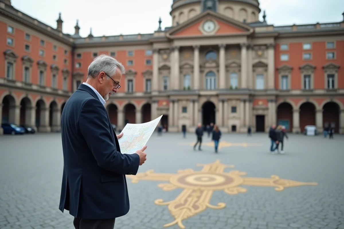 Homme consultant une carte sur la Place du Capitole à Toulouse avec la façade néoclassique du Capitole en arrière-plan